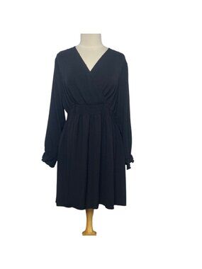 Cicidudu Long Sleeve V-Neck Smocked Waist Dress 1XL Black New WOT